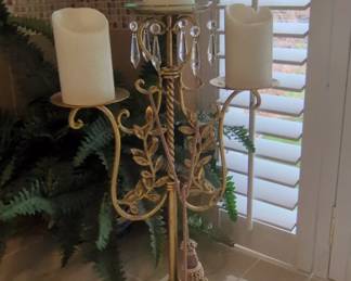 Vintage Hydrangea Arrangement in Ceramic Pitcher and Gold Toned Tassel Candelabra second image