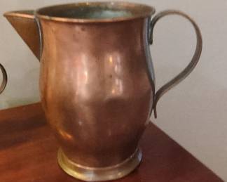 Antique Copper Pitcher and Brass Candlestick Holder
