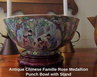 Antique Chinese Famille Rose Medallion Punch Bowl with Stand