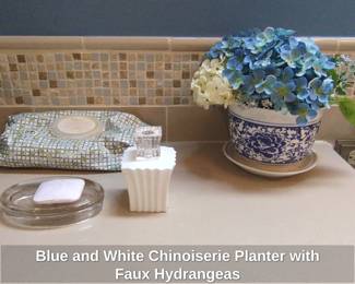Blue and White Chinoiserie Planter with Faux Hydrangeas