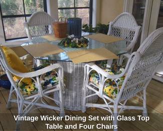 Vintage Wicker Dining Set with Glass Top Table and Four Chairs