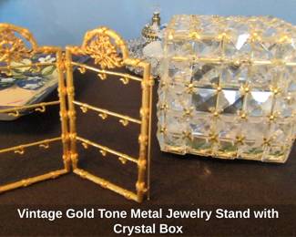 Vintage Gold Tone Metal Jewelry Stand with Crystal Box