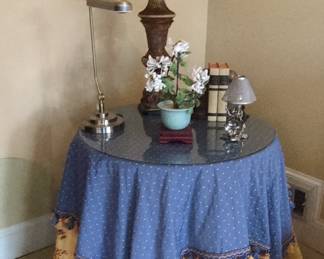 Round Accent Table with Glass Top and Tassel Skirt