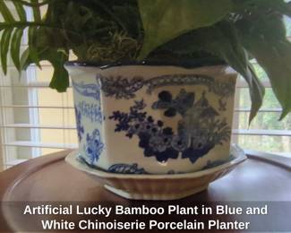Artificial Lucky Bamboo Plant in Blue and White Chinoiserie Porcelain Planter second image