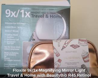 Floxite x or x Magnifying Mirror Light Travel Home with BeautyBio R Retinol Treatment Set