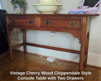 Vintage Cherry Wood Chippendale Style Console Table with Two Drawers