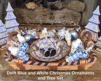 Delft Blue and White Christmas Ornaments and Tree Set