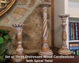 Set of Three Distressed Wood Candlesticks with Spiral Twist