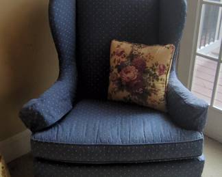 Blue Upholstered Wingback Chair with Floral Pillow Ethan Allen