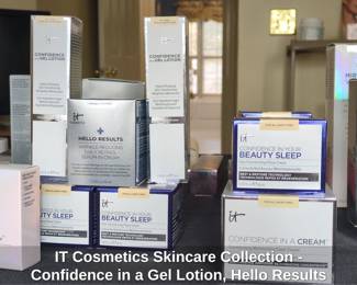 IT Cosmetics Skincare Collection Confidence in a Gel Lotion, Hello Results Retinol SeruminCream, Confidence in Your Beauty Sleep Pillow Cream, and Confidence in a Cream Super Cream