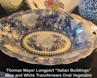 Thomas Mayer Longport Italian Buildings Blue and White Transferware Oval Vegetable Bowl