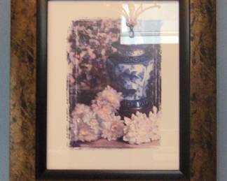 Framed Print of a Blue and White Chinoiserie Ginger Jar with Pink Flowers
