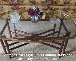 Vintage Baker Style Faux Bamboo Brass and Glass Tray Top Coffee Table