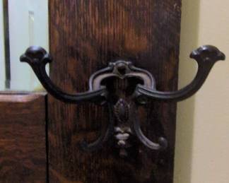 Antique Arts and Crafts Oak Hall Tree Mirror with Coat Hooks second image