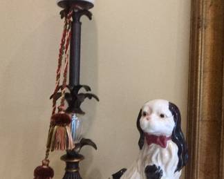 Ceramic Dog Figurine and Tasselled Candlestick