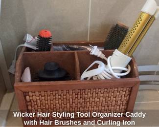 Wicker Hair Styling Tool Organizer Caddy with Hair Brushes and Curling Iron