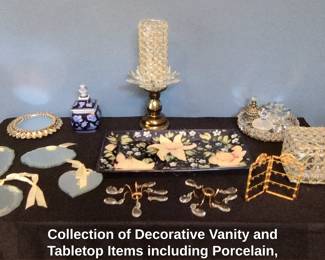 Collection of Decorative Vanity and Tabletop Items including Porcelain, Crystal, and HandPainted Tray