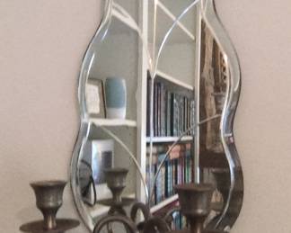 Vintage Ornate Glass Wall Mirror with ThreeLight Candelabra Sconce