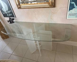 Post Modern Sculptural Console table- Beveled glass top with Lucite Base $500