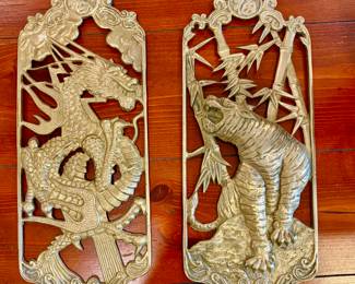 Vintage Asian Brass Wall Plaques tiger and dragon
