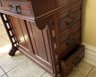 204 Vintage Eastlake Victorian Walnut Secretary Side Drawer Detail