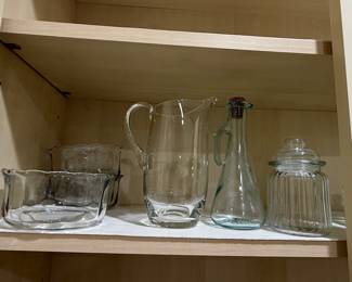 Assorted Clear Glassware Set: Scalloped Dishes, Pitcher, Corked Bottle, Ribbed Jar