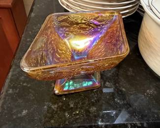 Indiana Glass Amber Iridescent Carnival Glass Pedestal Bowl