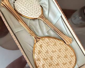 Vintage Gold Tone Ormolu Vanity Set with Hand Mirror and Brush