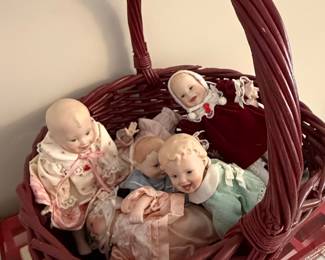 Vintage Baby Dolls in Wicker Basket
