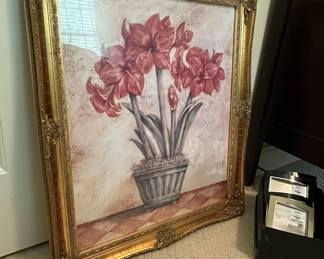 Ornate Gold Gilt Framed Red Amaryllis Still Life Painting