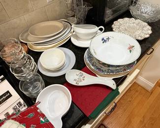 Assorted Ceramic and Glass Tableware with Floral and Chicken Motifs