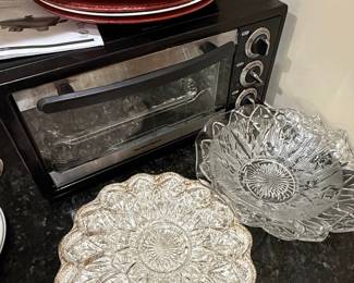 Pressed Glass Serving Platter and Bowl with Metallic Rim