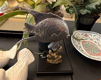 Vintage Metal Fish Sculpture on Black Base