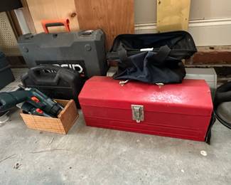 Ridgid Tool Bag, Red Metal Toolbox, and Reciprocating Saw
