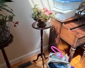 Vintage Mahogany Pedestal Plant Stand with Decorative Fruit Bowl