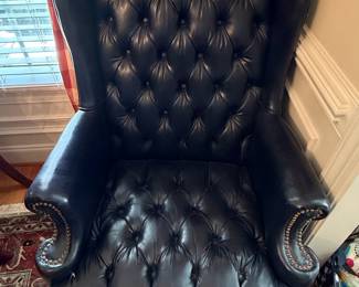 Vintage Tufted Leather Chesterfield Wingback Armchair in Navy Blue