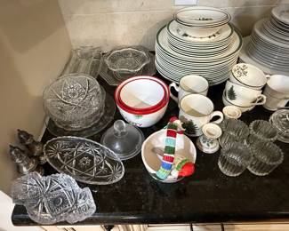 Christmas Themed Ceramic Bowl and Mugs with Assorted Cut Crystal Glassware and Silver-Plated Salt and Pepper Shakers
