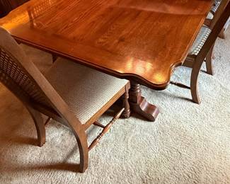 Mid Century Broyhill Conover Furniture Co. Oak Dining Table and Cane Back Chairs Set