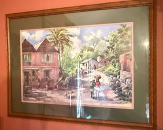 M.K. Rhodes Watercolor Painting of Caribbean Village Scene