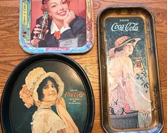 Coca-Cola Advertising Trays (Set of 3) - "Elaine", "Thirst Knows No Season", and "Bonnet Girl"