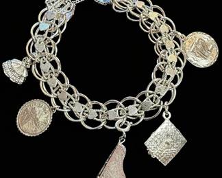 Monet Sterling Silver Charm Bracelet with 'Class of '72' Coin, Envelope, and Butterfly Charms