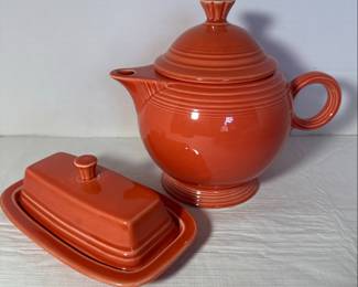 Fiesta Ware "Poppy" Color Napkin Holder, Salt and Pepper Shakers, Spoon Rest, Butter Dish and Teapot