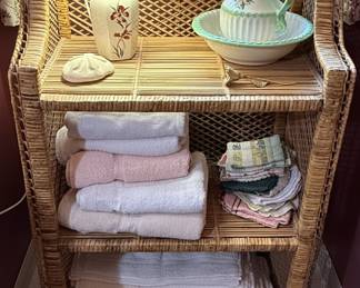 Wicker Shelf Unit with Pitcher and Basin