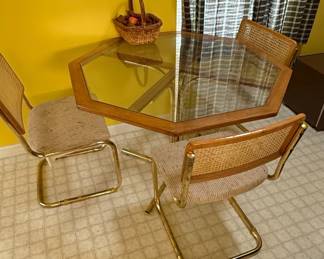 Mid-Century Modern Octagonal Glass Top Dining Table with 4 Cesca Style Cane Back Chairs