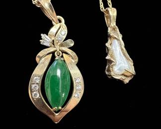 14k Yellow Gold Marquise Jade and Diamond Pendant Necklace with Abstract Stone Pendant Necklace