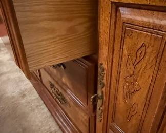 Vintage Oak Dining Hutch with Glass Doors and Carved Accents