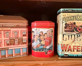 Coca-Cola, Jacobs' Pharmacy, and Other Tins and Lance Glass Cookie Jar