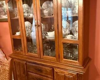 Vintage Oak Dining Hutch with Glass Doors and Carved Accents