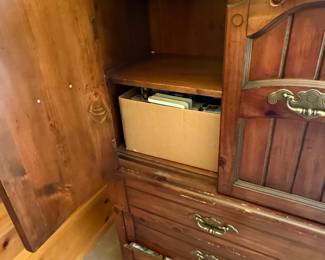 Vintage Solid Knotty Pine Rustic Americana Armoire and Nightstand Set