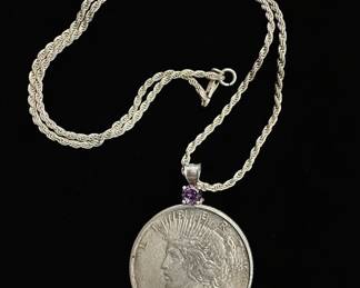 Sterling Silver 1922 Peace Dollar Pendant with Amethyst and Pink Topaz on Rope Chain